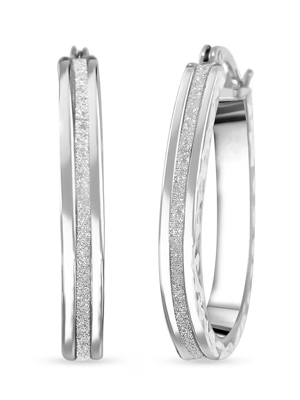 Glitter Hoop Earrings in Rhodium O/ Sterling Silver - NEW - 1.10 in L- 2.50grams